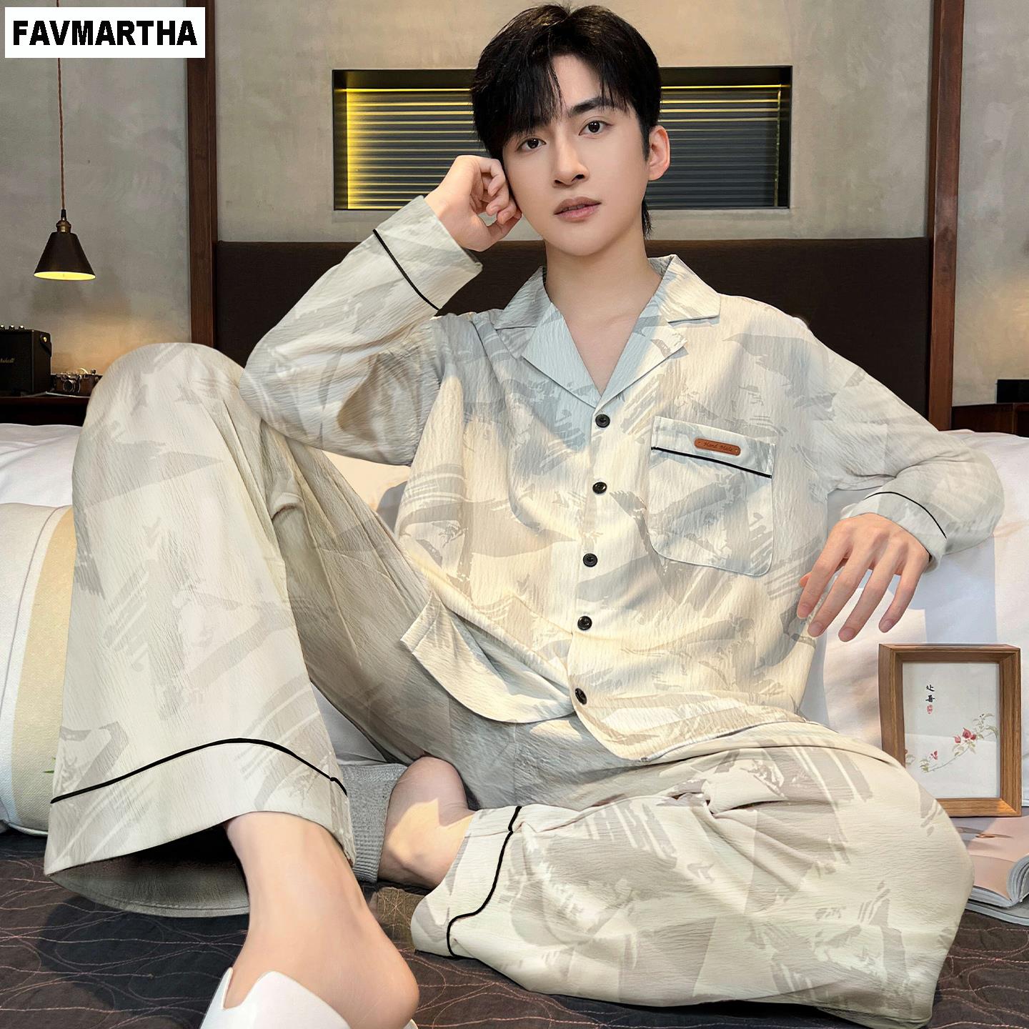 FAVMARTHA2025新款云朵棉睡衣男士春秋夏季长袖薄款柔软舒适宽松