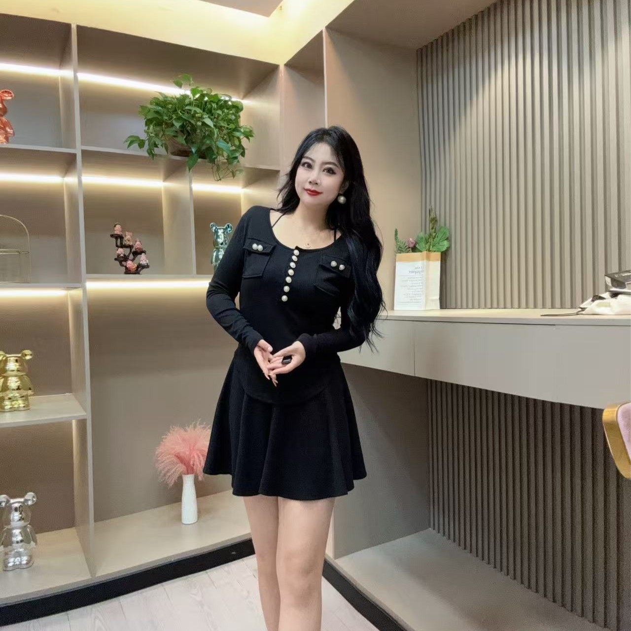 秋季打底衫-点 1110时尚潮流纽扣兜盖不规则设计胖MM大码女装新款