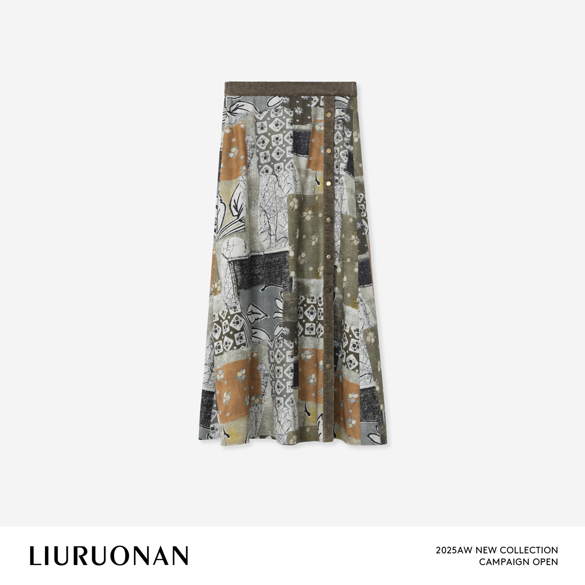 LIURUONAN 25WIN【落叶集】复古艺术感拼贴印花侧排口设计半身裙女