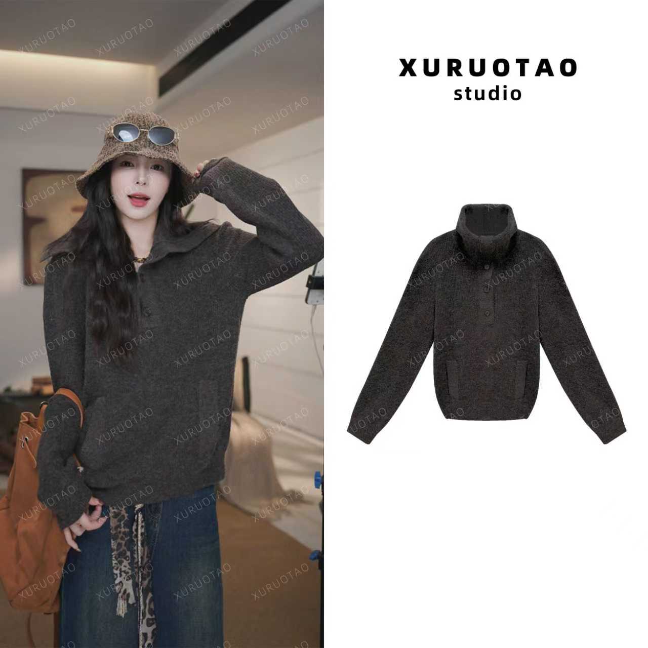 XURUOTAO【初恋智秀】羊毛翻领设计感百搭显瘦棕咖色毛衣 T5532