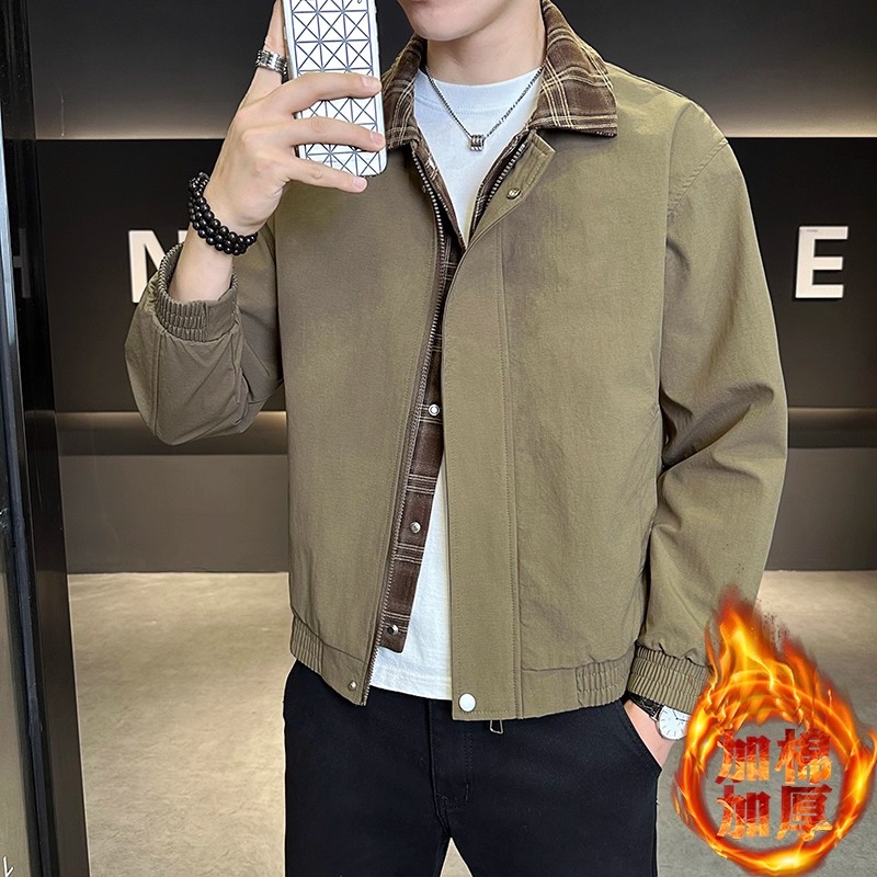 2025秋冬新款美式短款假两件翻领夹克男宽松休闲时尚百搭加棉外套