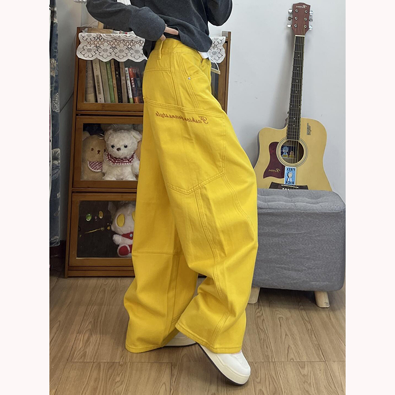 大码美式复古黄色弯刀牛仔裤女夏季新款高腰宽松显瘦百搭拖地长裤