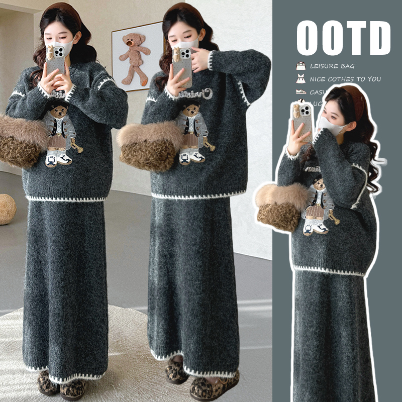 孕妇套装新款秋冬加厚懒人套装毛衣针织卡通高级设计感上衣半身裙