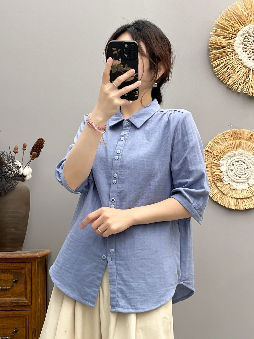 夏款纯色双层棉纱婴儿棉衬衫简约宽松百搭翻领短袖衬衣女全棉透气