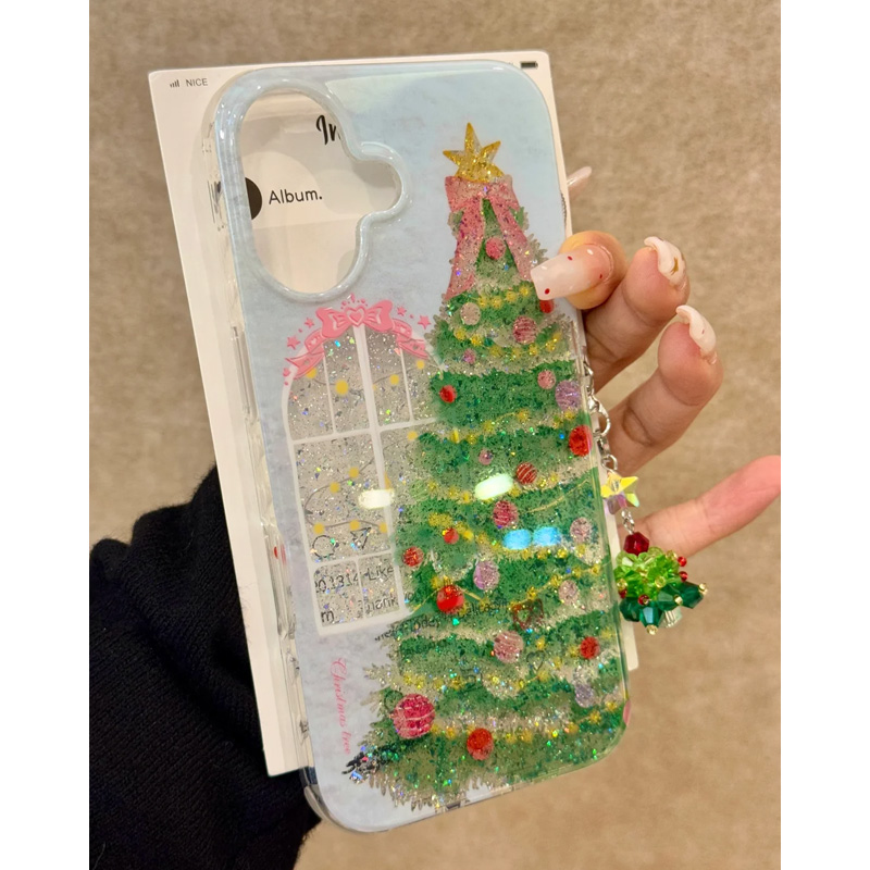 欧克里里闪粉壳彩灯圣诞树适用苹果15/16/14手机壳13/12/11挂件xr