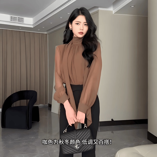 法式设计感御姐气质上衣女装初秋季新款高级感飘带半高领长袖衬衫