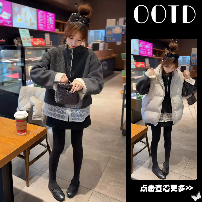 秋冬流行穿搭一整套女2025新款蕾丝拼接卫衣叠穿马甲短裙三件套