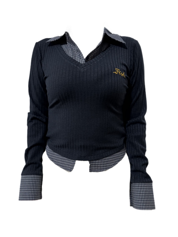 Amy家 微胖mm学院风polo领假两件上衣女秋季设计感格子拼接T恤女