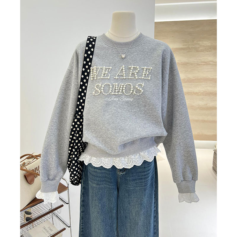 假两件圆领卫衣钉珠刺绣女款ins风宽松高级感超好看百搭显瘦上衣