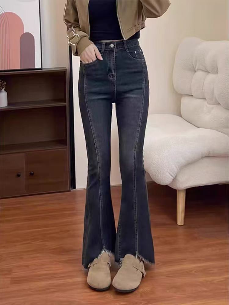 〖猫姐衣橱〗秋季新款时尚加绒款高腰高弹微喇牛仔裤0120