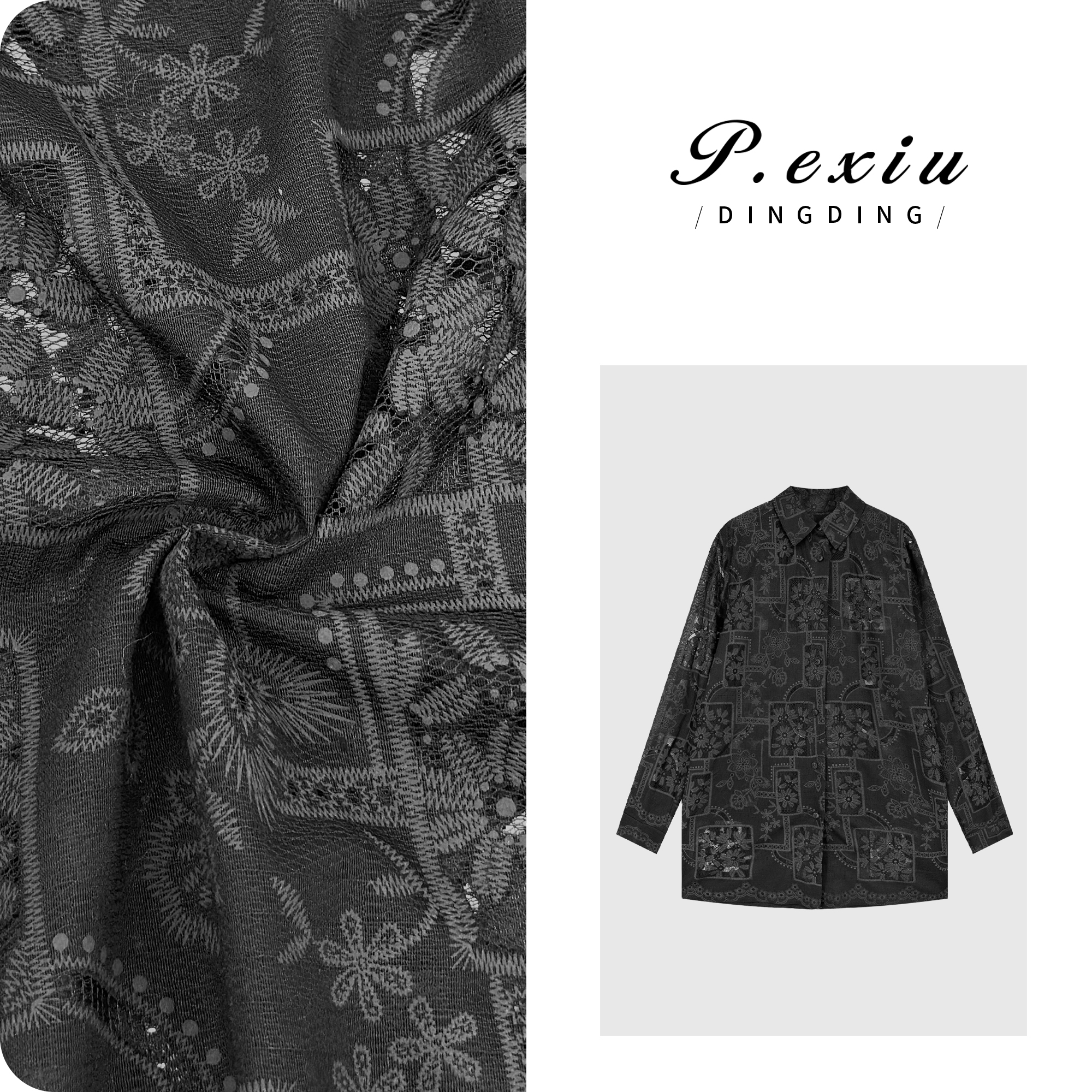 重工花朵刺绣拼接镂空网纱长袖衬衫W-63419