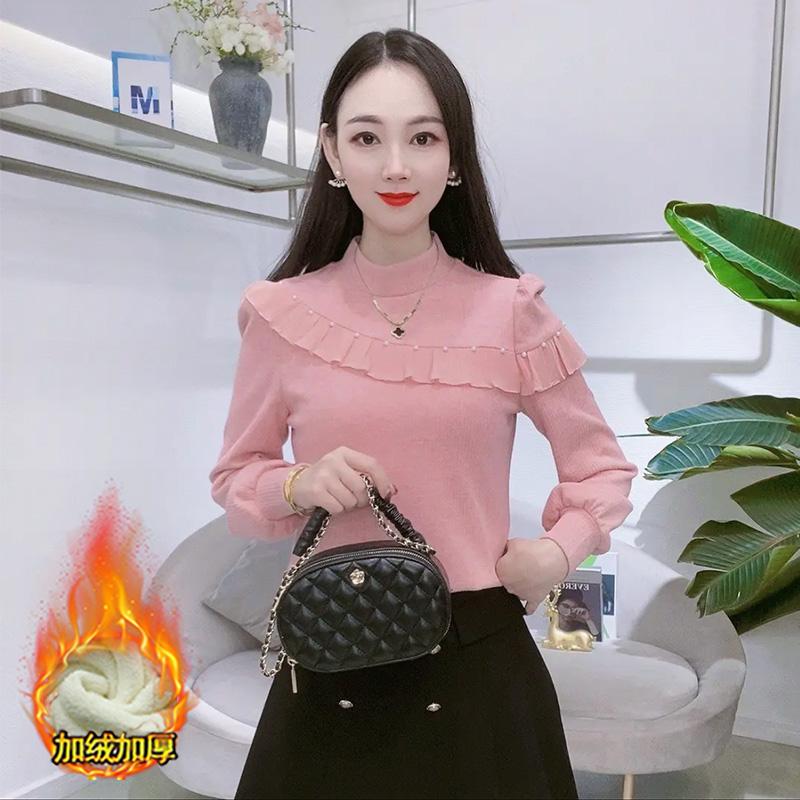 加绒加厚半高领打底衫女秋冬季新款时尚洋气显瘦保暖款蕾丝衫上衣