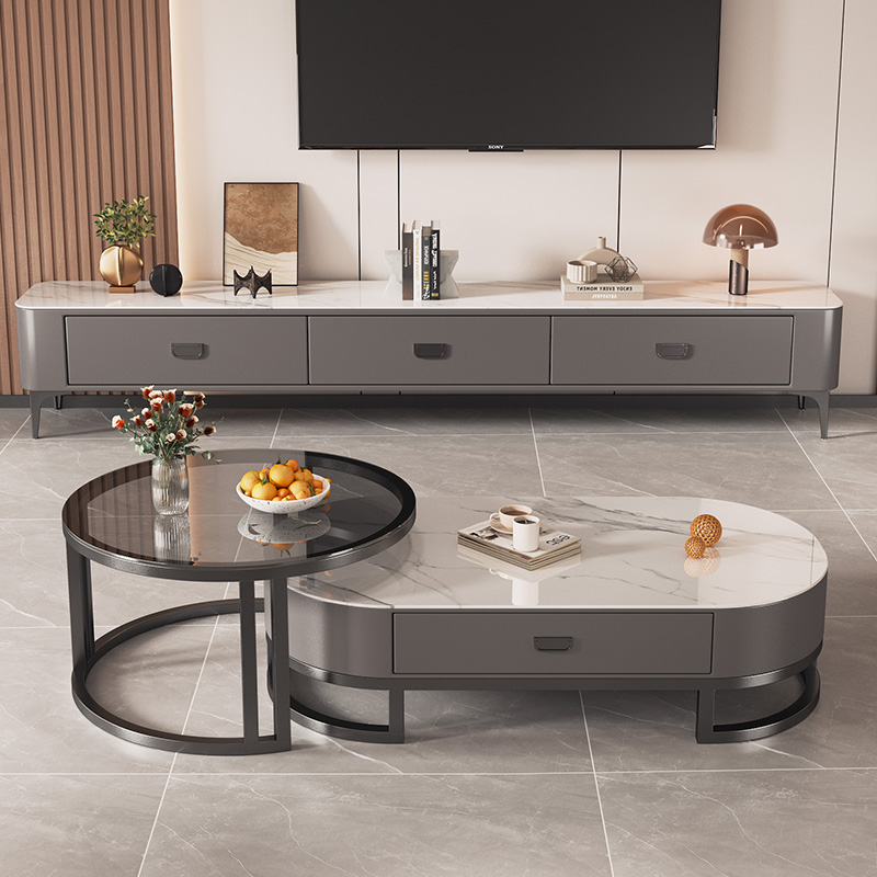 轻奢岩板茶几桌客厅家用2025新款高级感小户型椭圆茶几电视柜组合