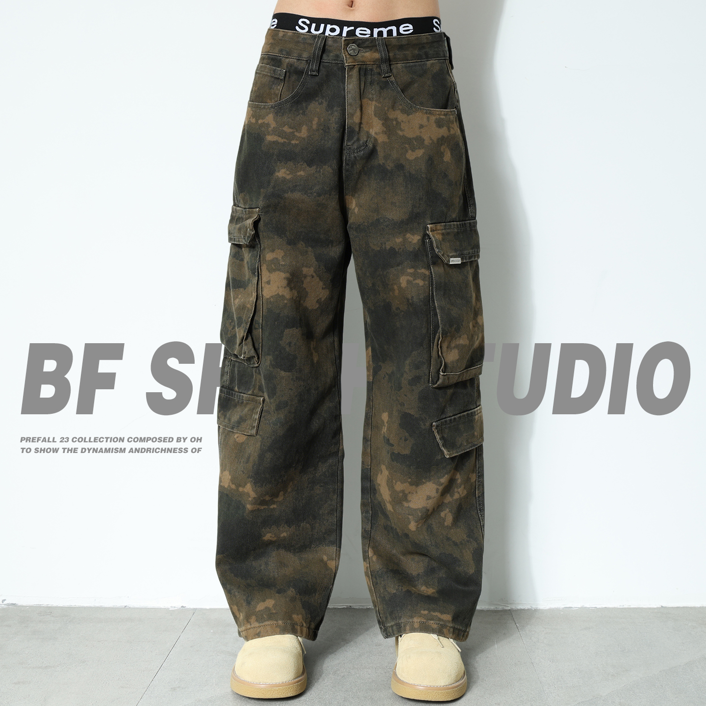 美式牛仔裤男秋季大口袋迷彩工装裤2025新款休闲宽松直筒阔腿长裤