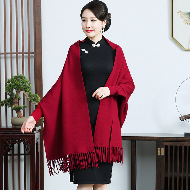 有袖纯色披肩女喜婆婆妈妈配旗袍外搭斗篷婚宴礼服有袖秋冬外披
