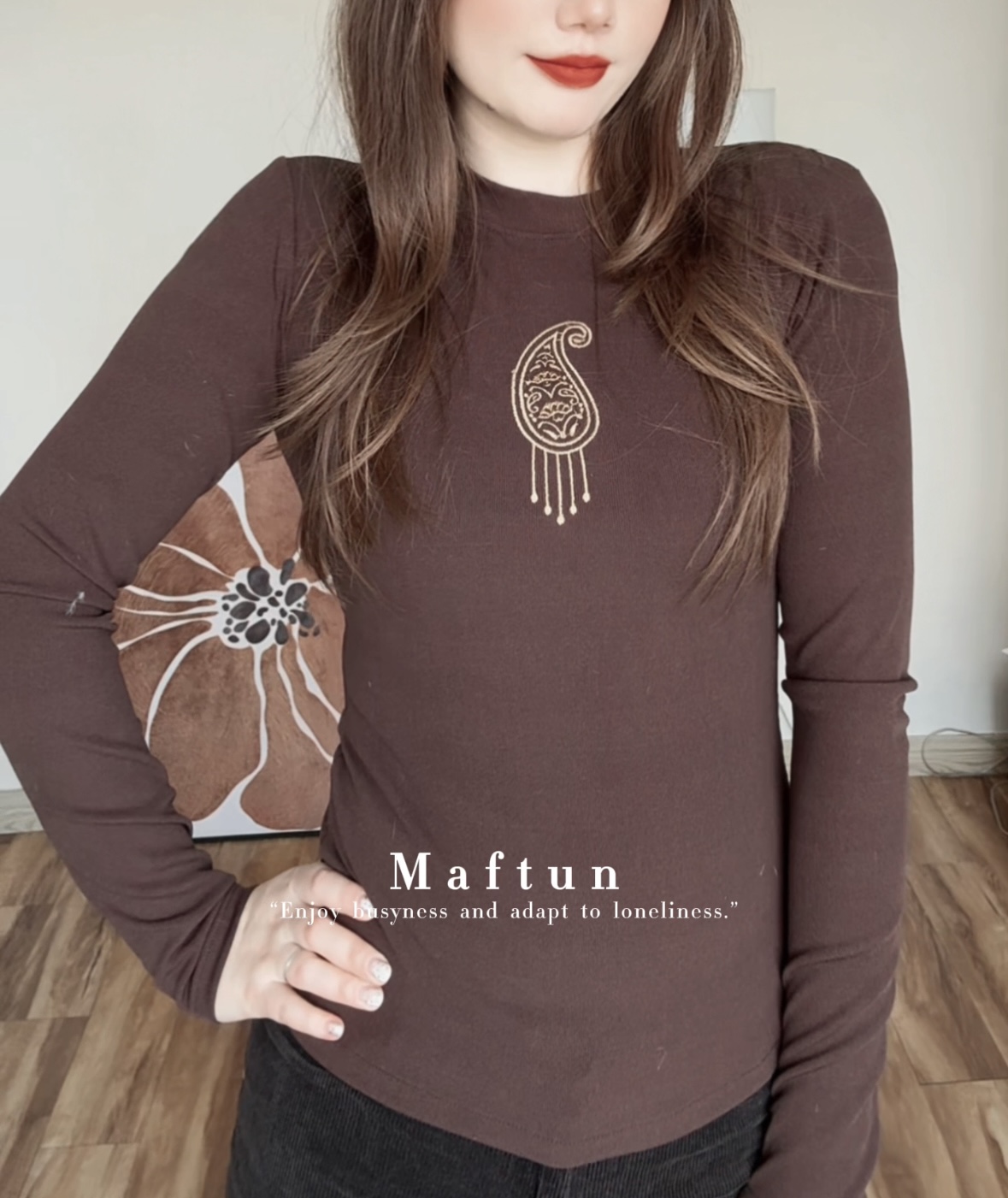 Maftun 民族风长袖刺绣针织修身显瘦百搭圆领打底衫