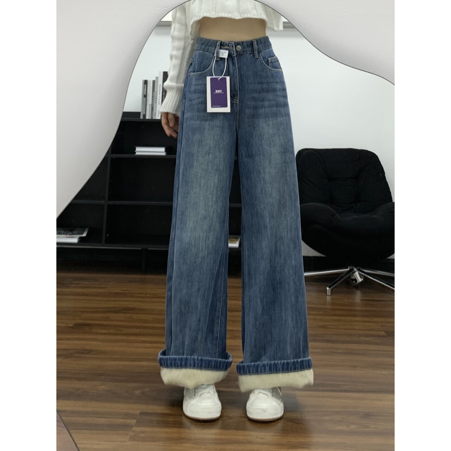 美式加绒复古阔腿牛仔裤女秋冬新款高腰宽松显瘦小个子直筒拖地裤