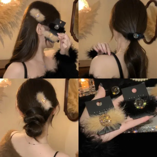 w韩国轻奢复古宫廷风毛毛发夹精致高端闪钻法式秋冬刘海夹碎发夹