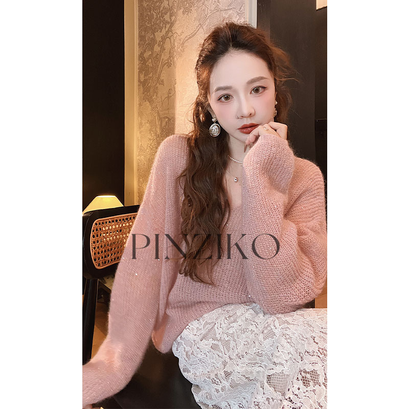 pinziko柔光~绵羊马海毛V领亮片针织衫宽松法式长袖毛衣TJF296