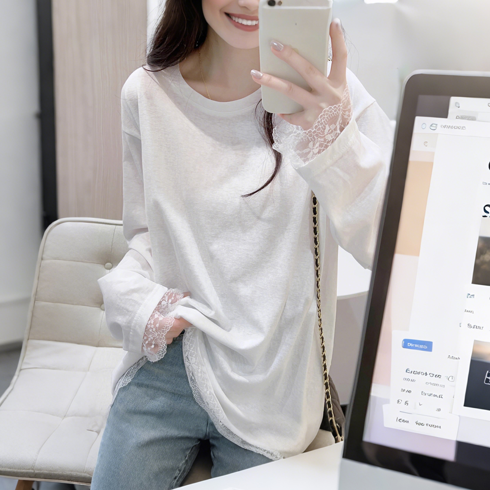 纯色圆领蕾丝拼接T恤女春秋新款宽松长袖设计感防晒雪花棉上衣潮