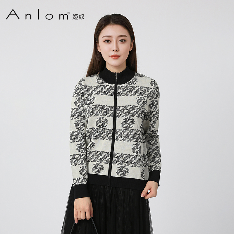 Anlom/娅奴娅奴2024秋冬新款女装毛针织衫千鸟格提花针织外套