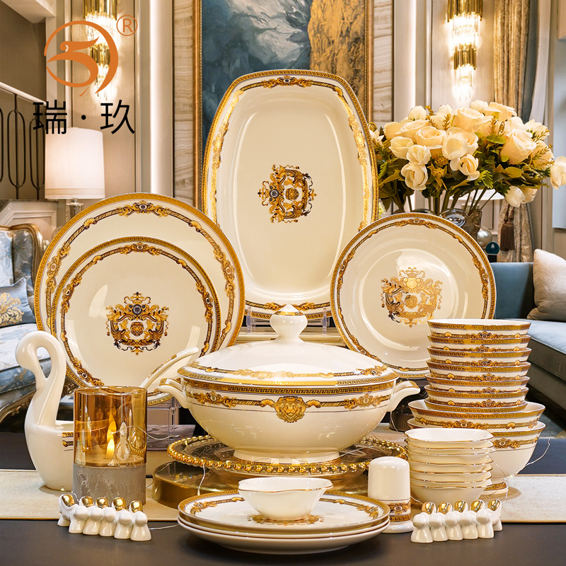 轻奢碗盘骨瓷餐具套装家用60头碗碟欧式整套装10人礼盒乔迁新居