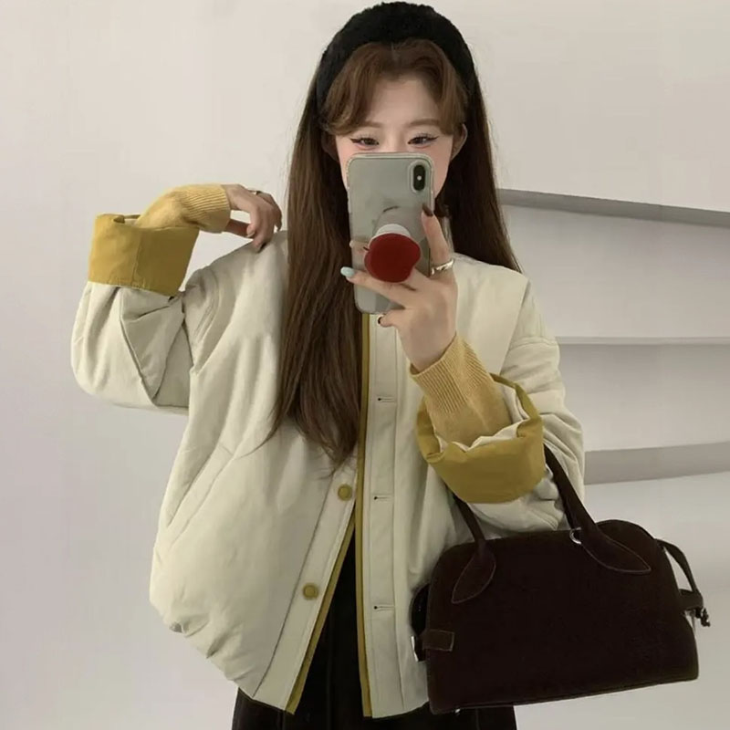 韩版宽松显瘦小个子短款圆领撞色袖口翻边棉服外套女2025秋冬新款