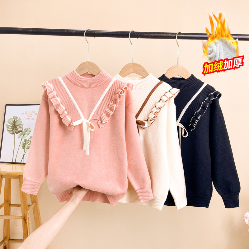 女童毛衣秋冬款洋气圆领加绒系带蝴蝶结上衣中大童儿童针织打底衫