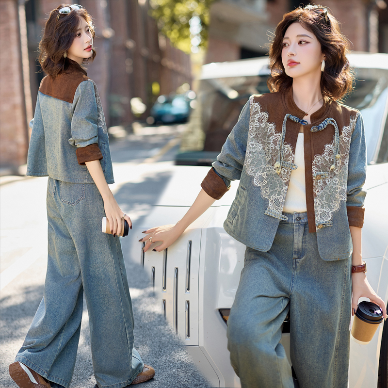 设计感蕾丝拼接盘扣牛仔套装女2025春秋新款时尚复古气质两件套潮