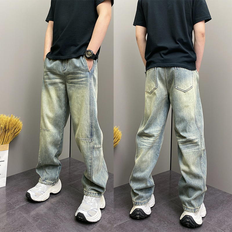 2025冬季新款美式加绒水洗蓝色牛仔裤男潮流百搭帅气直筒休闲长裤