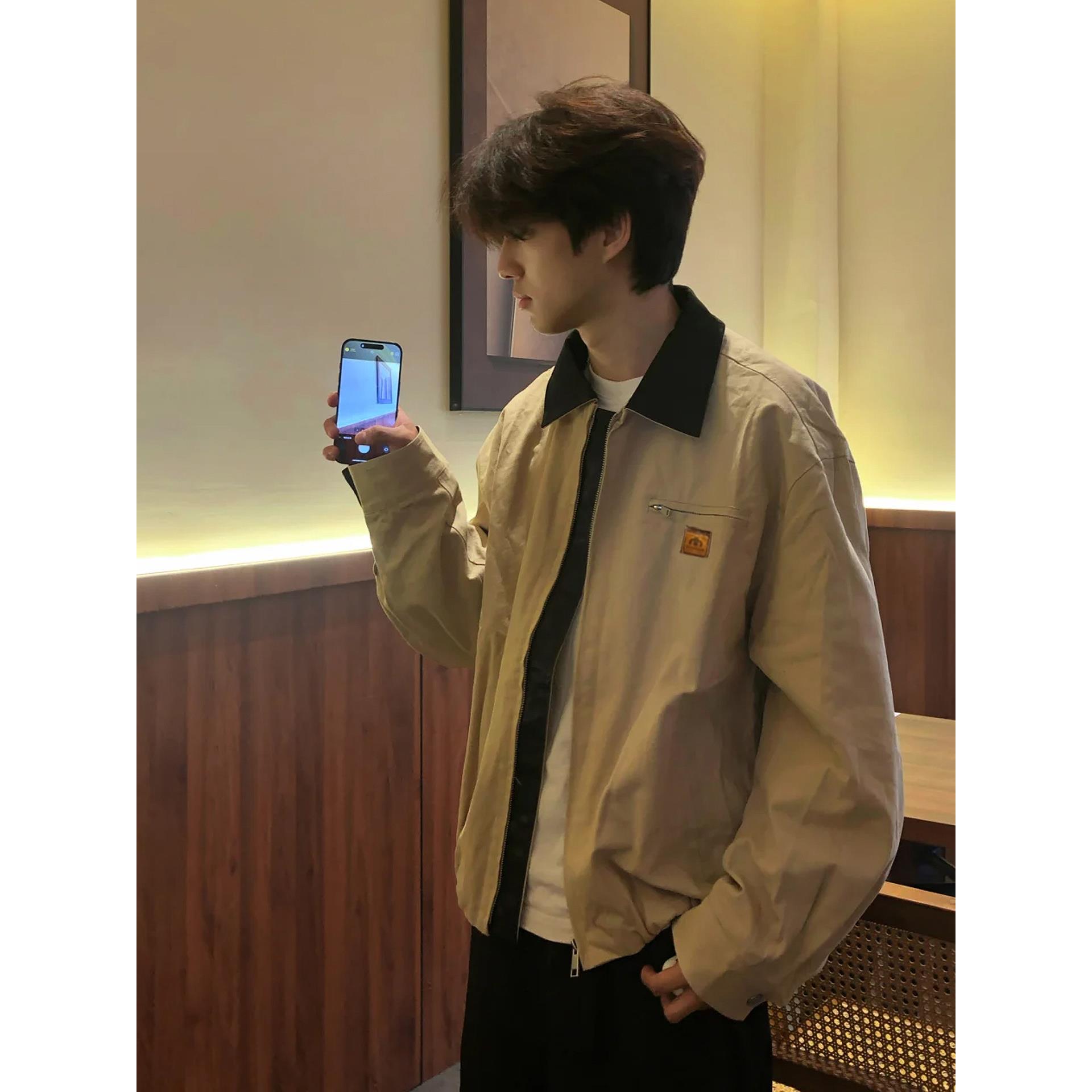 美式复古卡其色底特律夹克男春秋季高级感痞帅工装外套短款棒球服