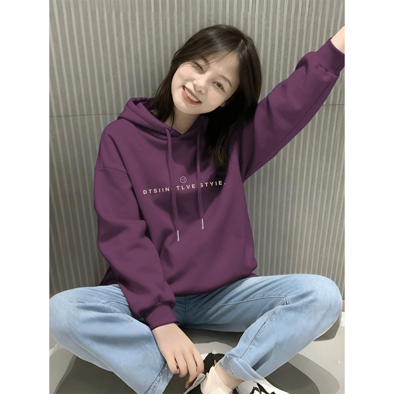 即墨加绒加厚连帽卫衣女春秋2026新款时尚字母印花酱紫色套头上衣