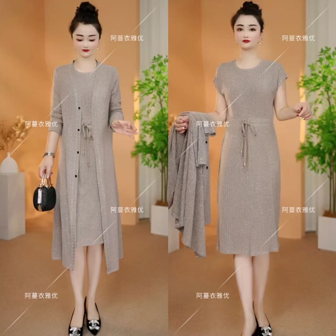【衣雅严选】8221-2300#新款针织外套加无袖系带连衣裙气质两件套