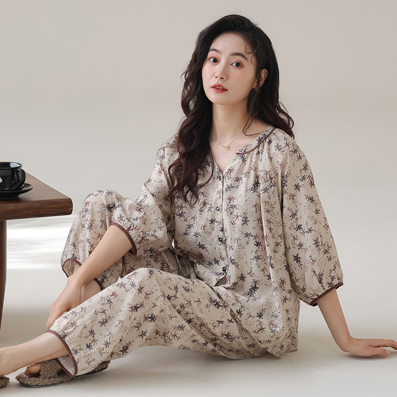中式国风夏季薄款印花V领开衫七分袖睡衣女套装可外穿韩版家居服
