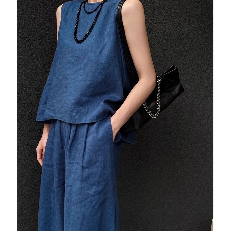 法式高端亚麻套装女2025夏季简约老钱风宽松无袖上衣阔腿裤两件套