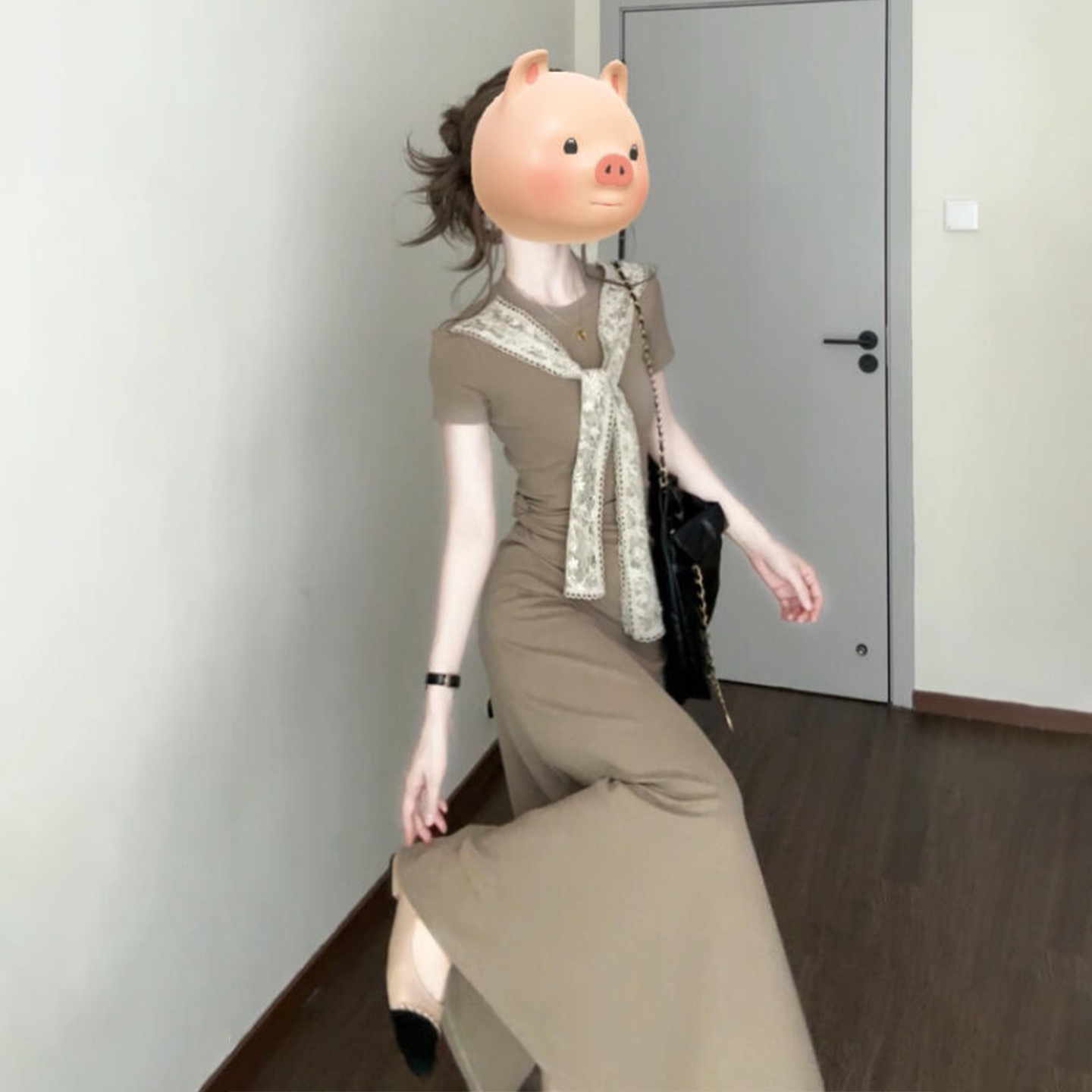 蕾丝拼接设计感法式复古短袖连衣裙子女夏2025新款知性风衣服长裙