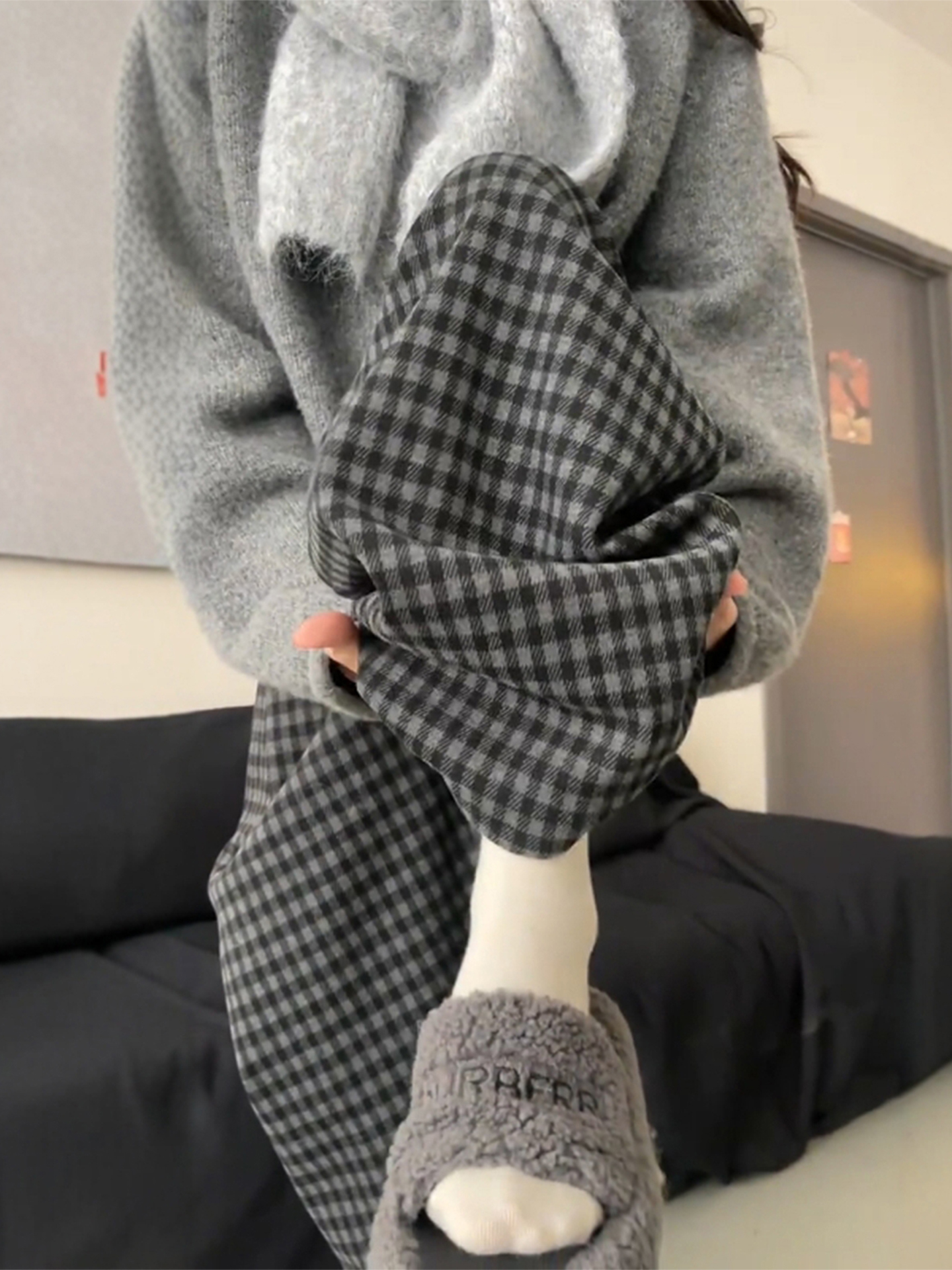 慵懒风宽松毛呢格子裤女秋冬加绒大码胖mm显瘦松弛感休闲阔腿长裤