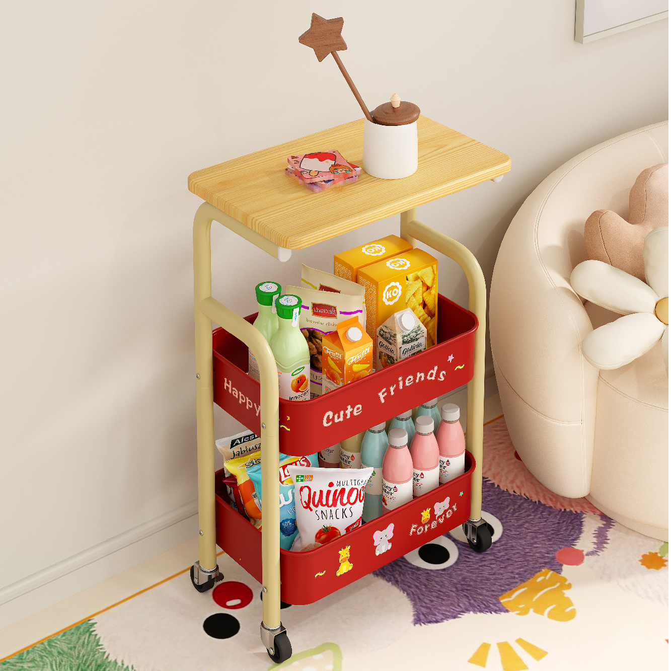 多巴胺原木色碳钢小推车置物架可移动收纳储物架子零食车卧室客厅