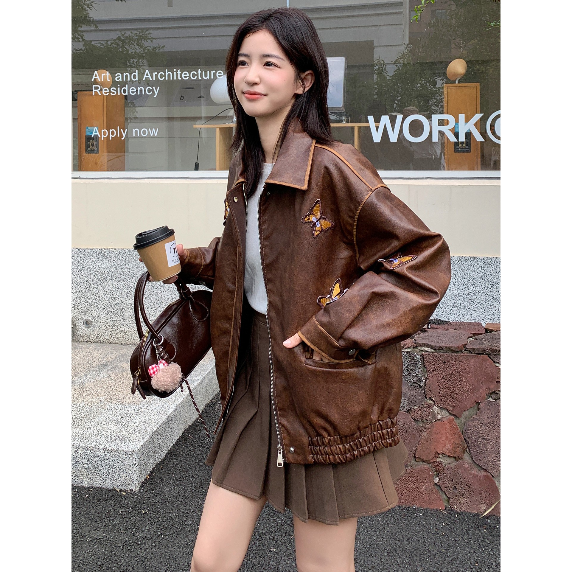 2025春季新款覆古美拉德棕色皮衣外套女蝴蝶刺绣甜酷高级感皮夹克