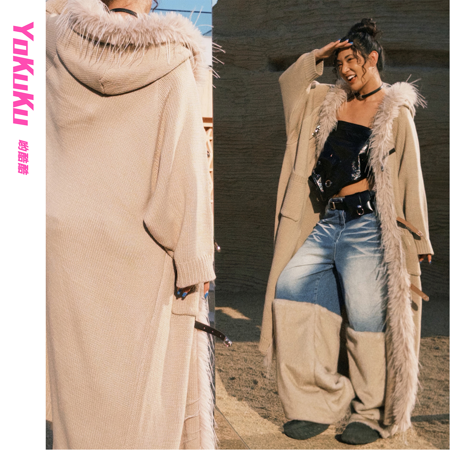 哟酷酷（狂人日记）秋冬酷感皮带扣设计环保毛宽松慵懒开衫毛织外套