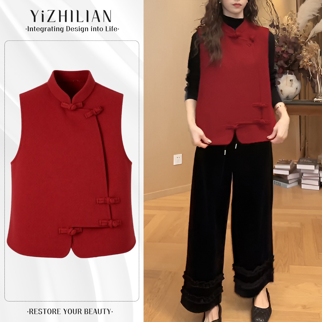 2025秋冬季新款女士马甲上衣红色加厚保暖盘扣立领叠穿马夹马甲潮