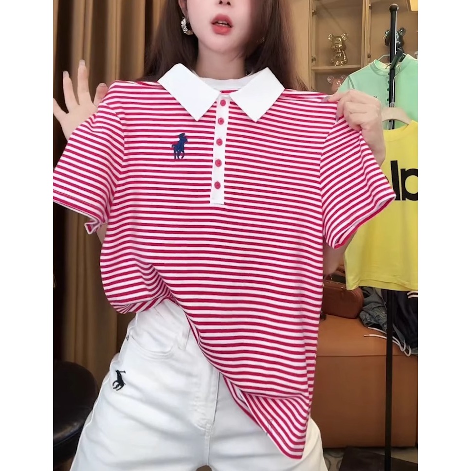 潮牌小马刺绣条纹短袖T恤女夏季新款休闲百搭显瘦POLO领上衣8776