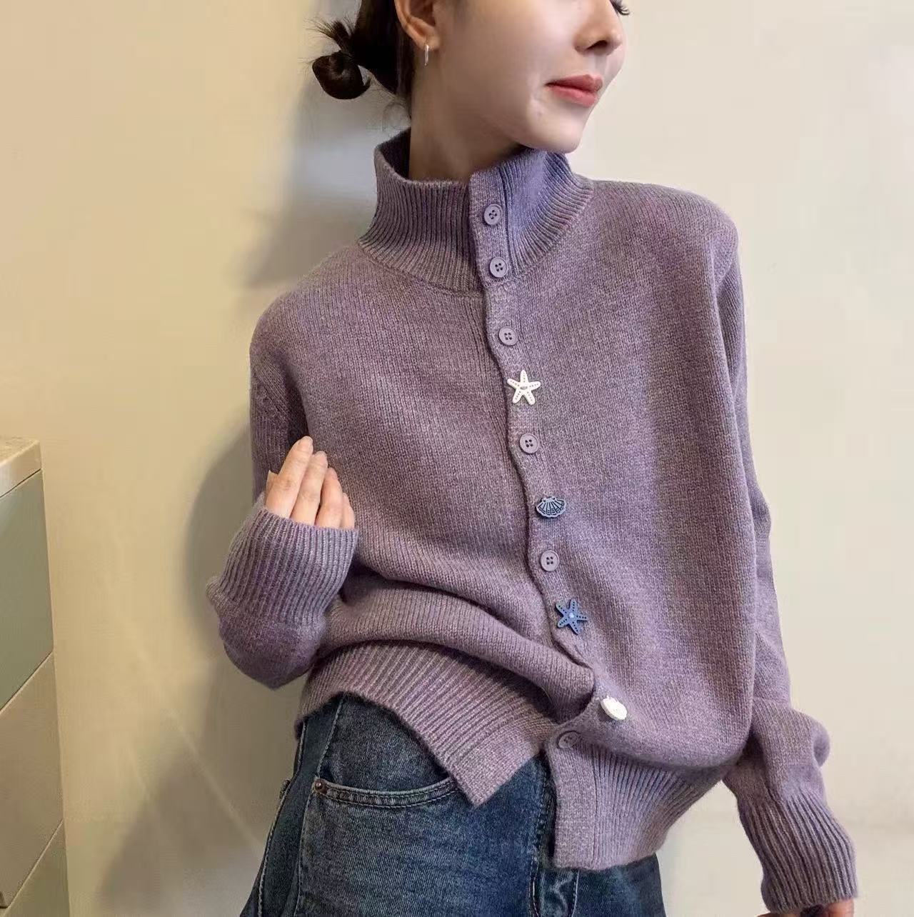 【海星贝壳】简约时尚立领针织开衫百搭毛衣外套减龄女装秋冬款