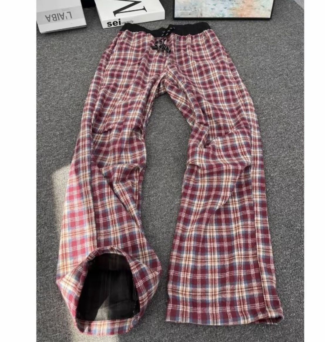 【早秋专属】美式复古红色格子裤男cleanfit褶皱裤微喇薄款直筒长裤