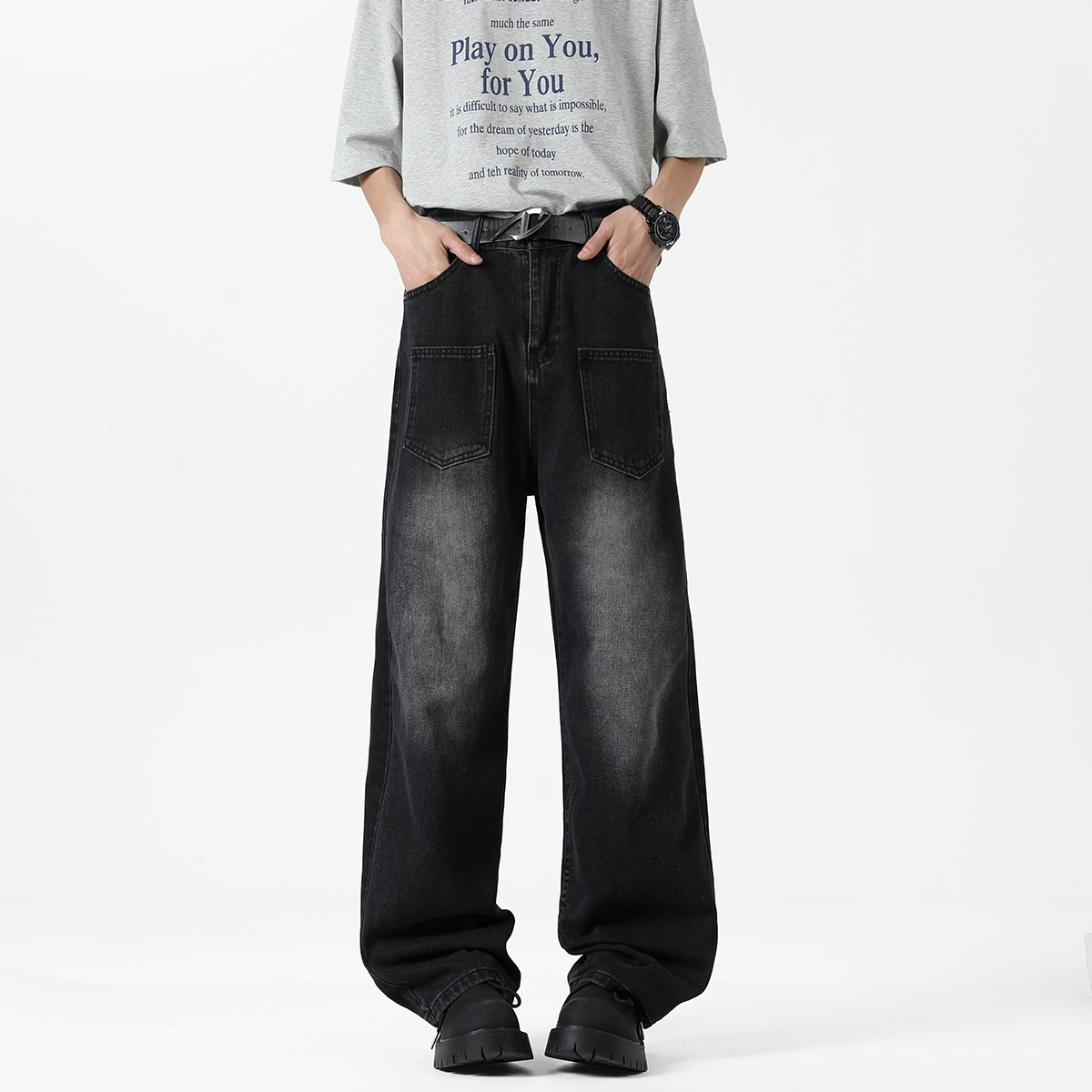 OLRIK 水洗做旧宽松阔腿直筒显瘦高街微弹百搭cleanfit牛仔裤3362