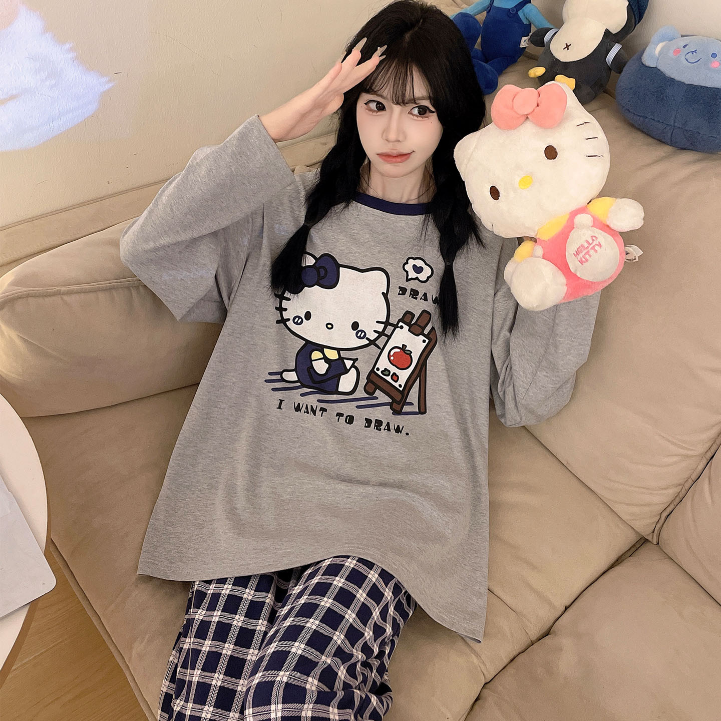 纯棉睡衣女春秋季长袖可爱卡通加大码200斤学生可外穿家居服套装