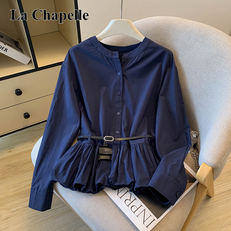 拉夏贝尔2025秋装新款法式气质长袖衬衫女宽松圆领小众韩系上衣潮