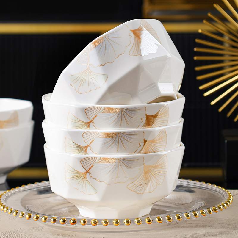 真益彩新款银杏叶6英寸钻石面碗4只装轻奢家用中式简约米饭碗面碗