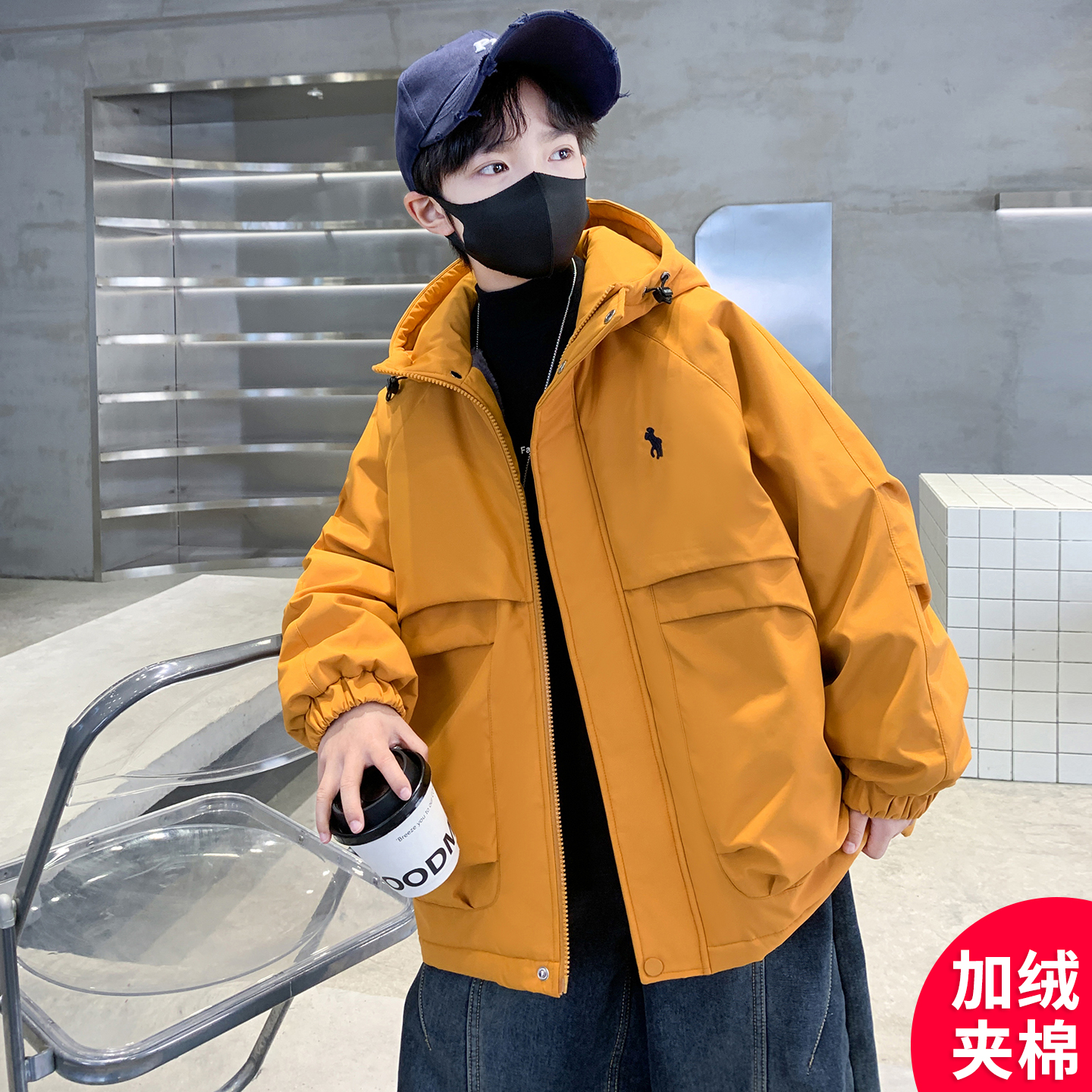 男童秋冬款外套加绒加厚2025新款中大童冬装儿童冬季红色派克服潮