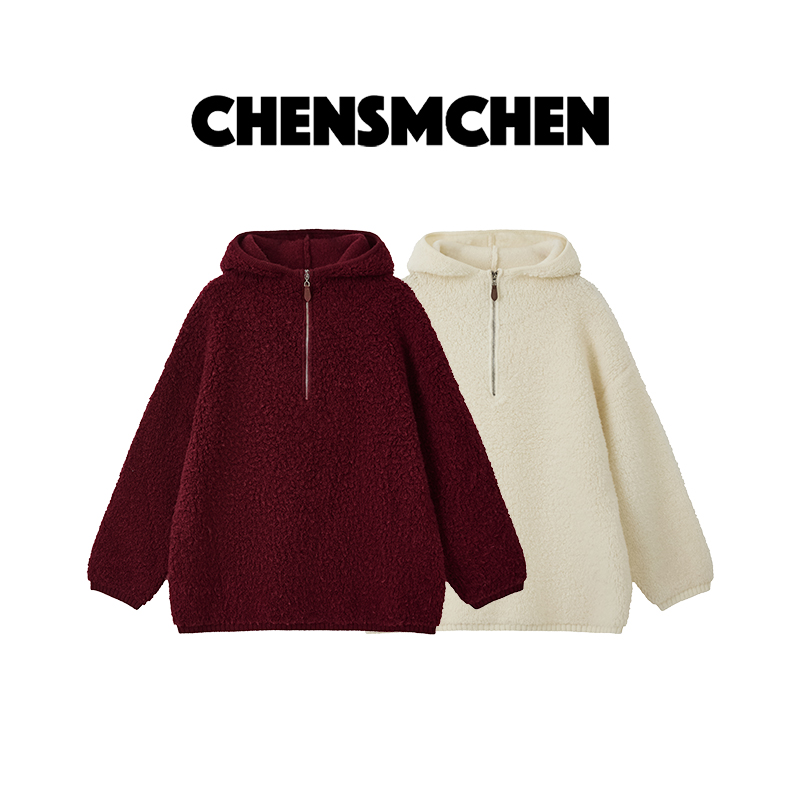 CHENSMCHEN 100绵羊毛连帽圈圈毛帽衫女宽松显瘦上衣CSM11167SL